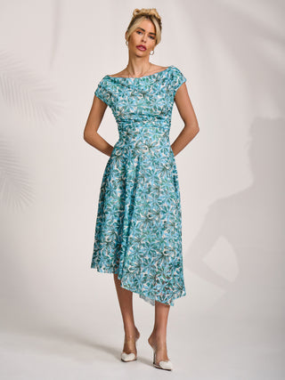 Asymmetric Printed Lace Draped Dress, Blue Abstract