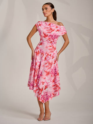 Asymmetric Printed Lace Draped Dress, Pink Floral