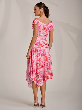 Asymmetric Printed Lace Draped Dress, Pink Floral
