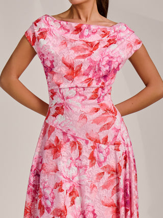 Asymmetric Printed Lace Draped Dress, Pink Floral
