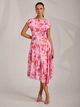 Asymmetric Printed Lace Draped Dress, Pink Floral