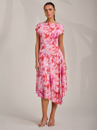 Asymmetric Printed Lace Draped Dress, Pink Floral