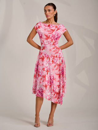 Asymmetric Printed Lace Draped Dress, Pink Floral
