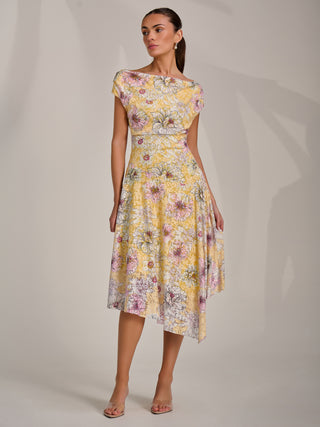 Asymmetric Printed Lace Draped Dress, Yellow Floral