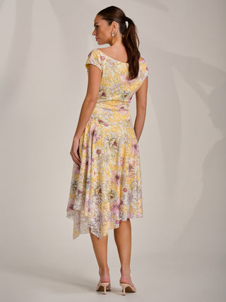 Asymmetric Printed Lace Draped Dress, Yellow Floral