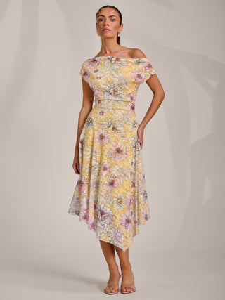 Asymmetric Printed Lace Draped Dress, Yellow Floral