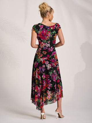 Asymmetric Draped Print Lace Maxi Dress, Floral Multi