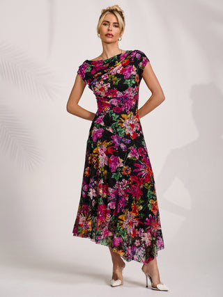 Asymmetric Draped Print Lace Maxi Dress, Floral Multi
