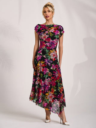 Asymmetric Draped Print Lace Maxi Dress, Floral Multi