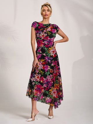 Asymmetric Draped Print Lace Maxi Dress, Floral Multi
