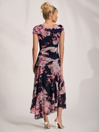 Asymmetric Draped Print Lace Maxi Dress, Pink Abstract