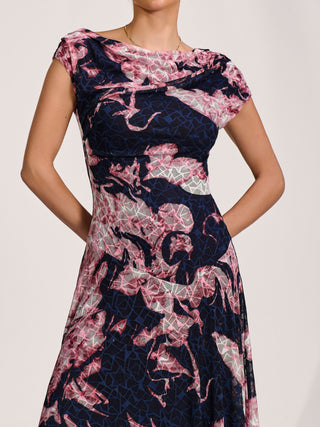 Asymmetric Draped Print Lace Maxi Dress, Pink Abstract