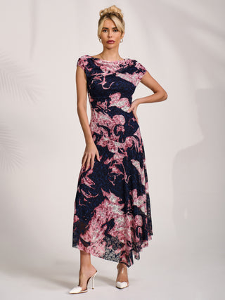 Asymmetric Draped Print Lace Maxi Dress, Pink Abstract