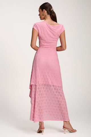 Asymmetric Draped Lace Maxi Dress, Candy Pink