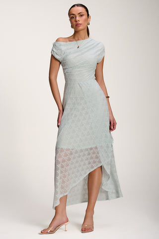 Asymmetric Draped Lace Maxi Dress, Light Blue