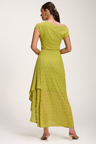 Asymmetric Draped Lace Maxi Dress, Lime Green