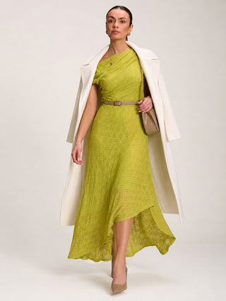 Asymmetric Draped Lace Maxi Dress, Lime Green