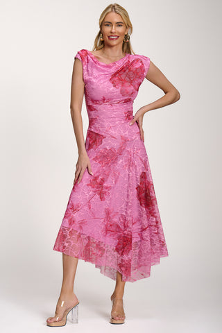 Asymmetric Draped Print Lace Maxi Dress, Pink Floral