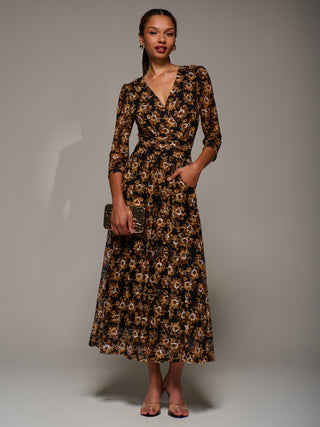 Three Quarter Sleeve Printed Lace Maxi Dress, Black Floral