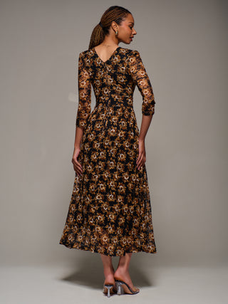 Three Quarter Sleeve Printed Lace Maxi Dress, Black Floral