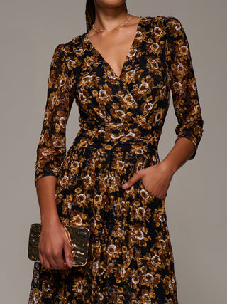 Three Quarter Sleeve Printed Lace Maxi Dress, Black Floral