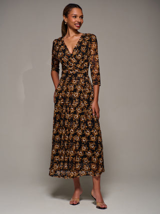 Three Quarter Sleeve Printed Lace Maxi Dress, Black Floral