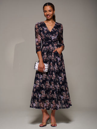 Three Quarter Sleeve Printed Lace Maxi Dress, Navy Floral