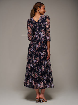 Three Quarter Sleeve Printed Lace Maxi Dress, Navy Floral