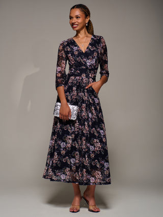 Three Quarter Sleeve Printed Lace Maxi Dress, Navy Floral