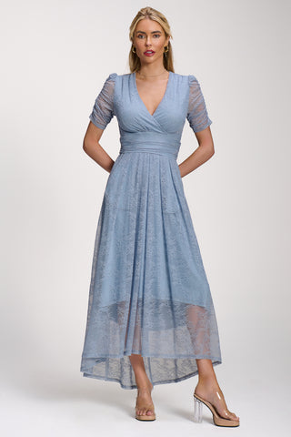 Lace Ruched Sleeve Dip Hem Maxi Dress, Blue Aura