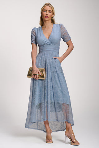 Lace Ruched Sleeve Dip Hem Maxi Dress, Blue Aura