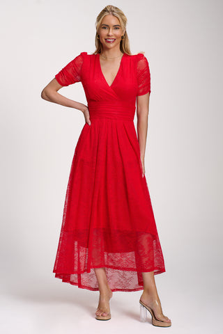 Lace Ruched Sleeve Dip Hem Maxi Dress, Scarlet Red