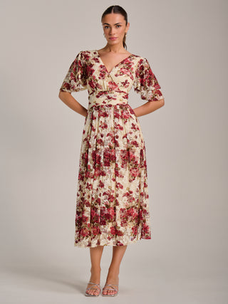 Angel Sleeve Print Lace Maxi Dress, Beige Floral