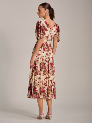 Angel Sleeve Print Lace Maxi Dress, Beige Floral