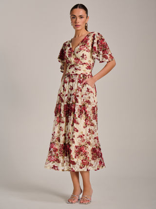 Angel Sleeve Print Lace Maxi Dress, Beige Floral