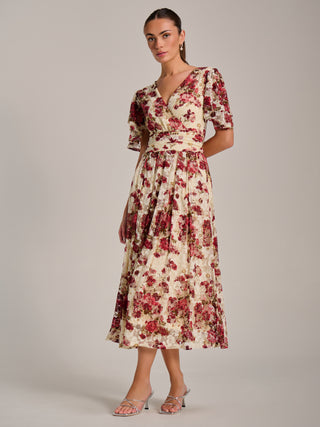 Angel Sleeve Print Lace Maxi Dress, Beige Floral