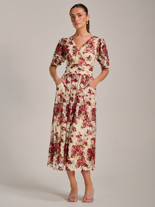 Angel Sleeve Print Lace Maxi Dress, Beige Floral