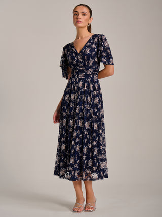 Angel Sleeve Print Lace Maxi Dress, Navy Floral