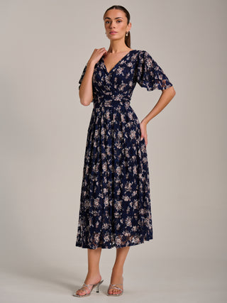 Angel Sleeve Print Lace Maxi Dress, Navy Floral