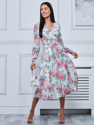 Floral Print Long Sleeve Mesh Midi Dress