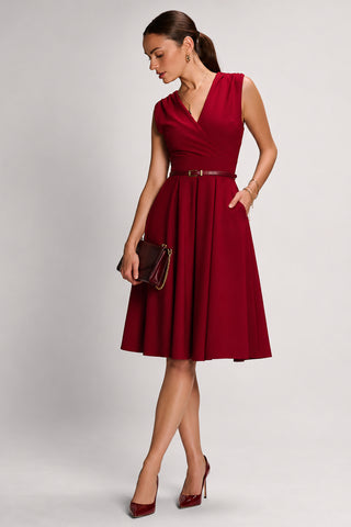 Plain Sleeveless Midi Dress, Dark Red