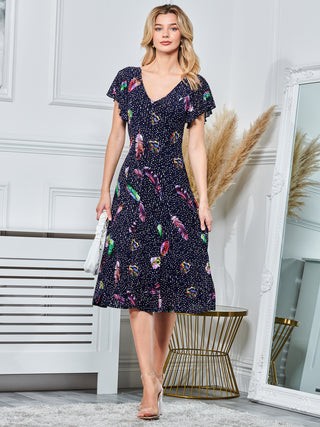 Lucille Fit & Flare Mesh Dress, Navy Multi