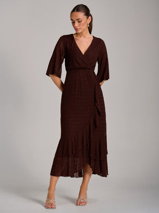 Textured Ruffle Hem Knitted Maxi Dress, Brown