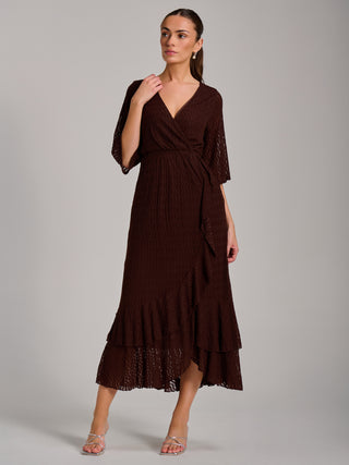 Textured Ruffle Hem Knitted Maxi Dress, Brown