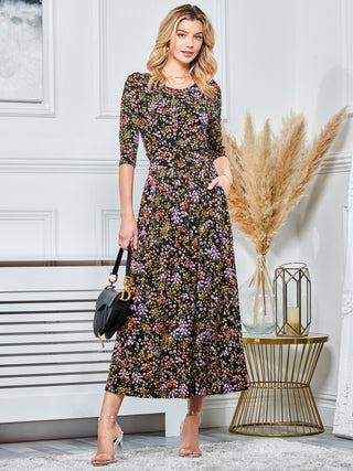 Round Neck Sleeved Jersey Maxi Dress, Black Ditsy