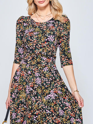 Round Neck Sleeved Jersey Maxi Dress, Black Ditsy