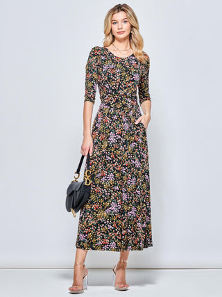 Round Neck Sleeved Jersey Maxi Dress, Black Ditsy