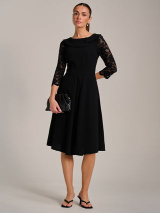 Roll Neck Lace Sleeve Fit & Flare Midi Dress, Black
