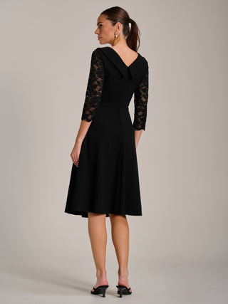Roll Neck Lace Sleeve Fit & Flare Midi Dress, Black