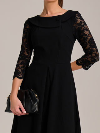 Roll Neck Lace Sleeve Fit & Flare Midi Dress, Black